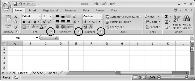 The ribbon’s Home tab gives you a quick way to open the Format Cells dialog box from three different spots: the Font, the Alignment, or the Number tab.