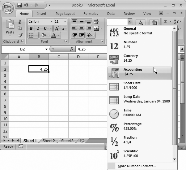 The all-around quickest way to apply a number format is to see some cells, and then, from the number format list, choose an option. Best of all, you see a small preview of what the value in the first selected cell will look like if you apply the format.