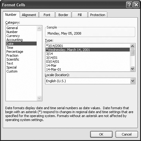 Excel gives you dozens of different ways to format that modify the date’s appearance depending on the regional settings of the computer viewing the Excel file, or you can choose a fixed date format. stick to the U.S. standard. Instead, choose the appropriate region from the Locale list box. Each locale provides its own set of customized date formats.