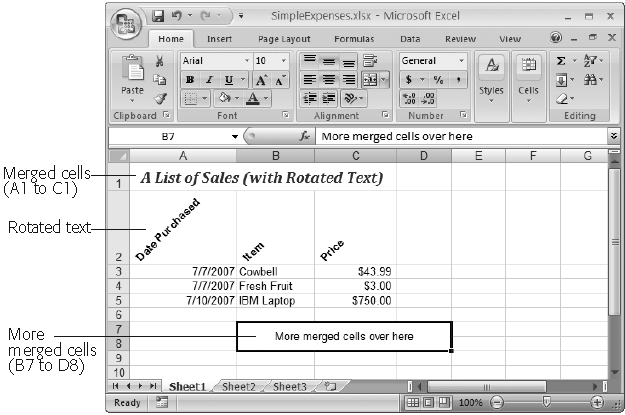 Here’s a worksheet that demonstrates one of Excel’s most commonly used formatting tricks (merged cells), along with one of its most exotic (rotated text).