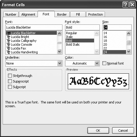 Here’s an example of how to apply an exotic font through the Format Cells dialog box. Keep in mind that when displaying data, and especially numbers, sans-serif fonts are usually clearer and look more professional than serif fonts. (Serif fonts have little embellishments, like tiny curls, on the ends of the letters; sans-sarif fonts don’t.) Arial, the default spreadsheet font, is a sans-sarif font.