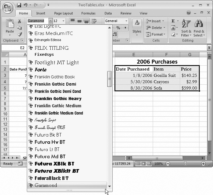 Right now, this spreadsheet’s creator is just thinking about using the stylish Garamond font for this table. However, the moment she hovers over Benguiat (higher up in the font list), Excel switches the currently selected cells on the worksheet to that font, providing a preview of the change. The best part: When she moves the mouse pointer away, the formatting disappears instantaneously. To make the changes stick, all she needs to do is click the font. This Live Preview feature works with font names, font sizes, and colors.