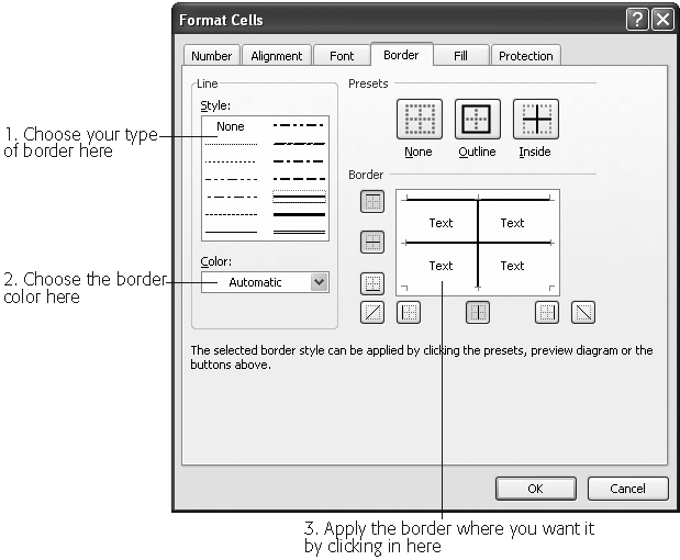 Follow the numbered steps in this figure to choose the line style and color, and then apply the border. In this picture, Excel will apply a solid border between the columns and at the top edge of the selection.