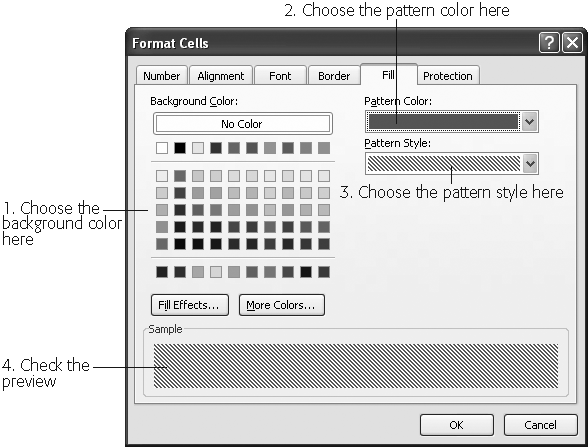 Adding a pattern to selected cells is simpler than choosing borders. All you need to do is select the colors you want and, optionally, choose a pattern. The pattern can include a grid, dots, or the diagonal lines shown in this figure.