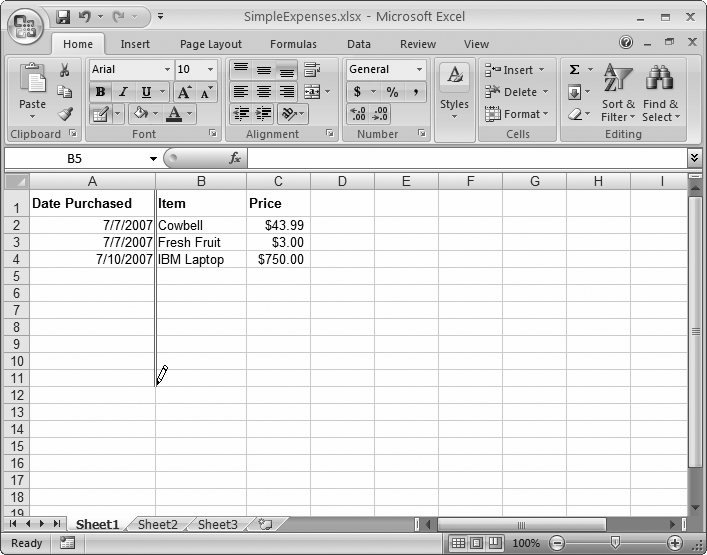 Here, a double-line border is being drawn between column A and column B.