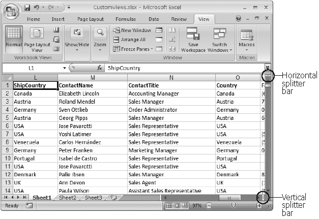 Every Excel window contains both horizontal and vertical splitter controls.