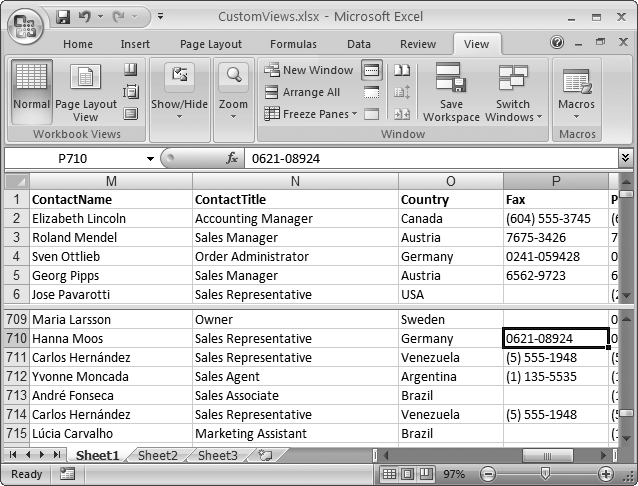 Here you can see the data in rows 1 through 6 and rows 709 through 715 at the same time. As you move from column to column, both panes move in sync, letting you see, for instance, the phone number information in both panes at once. (You can scroll up or down separately in each pane.)