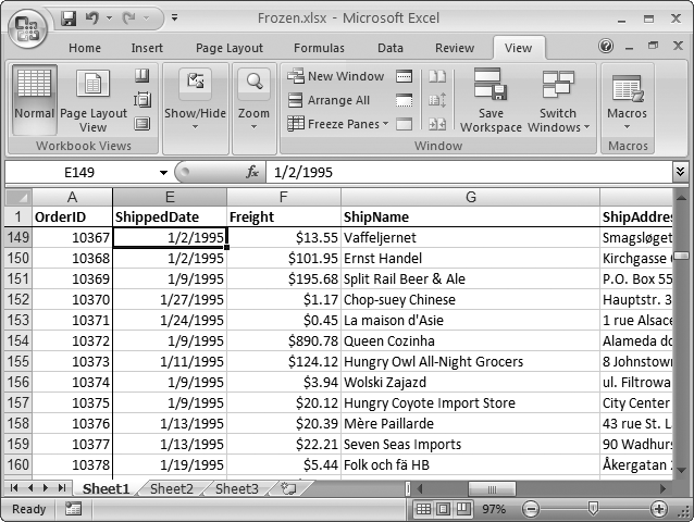 Here, both column A and row 1 are frozen, and thus always remain visible. The easiest way to create these frozen regions is to scroll to the top of the worksheet, position the active cell at B2, and choose View → Freeze Panes → Freeze Panes. Excel then automatically freezes the rows above and the columns to the left in separate panes.