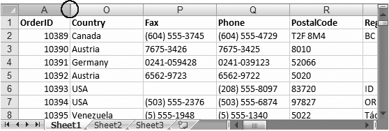 This worksheet jumps directly from column A to column O, which tells you that B through N are hidden.