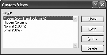 You can use this dialog box to show or delete existing views or to create new ones (click Add, and then follow the procedure from step 4, above).