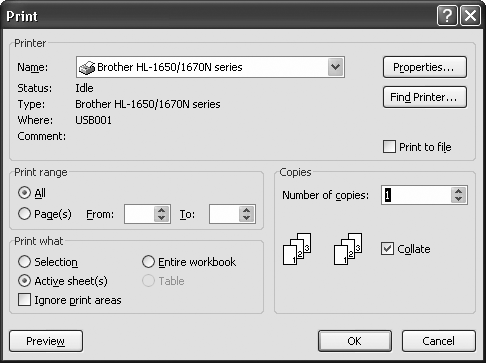 The Excel Print dialog box looks more or less like the Print dialog box in other Windows applications. The key difference is the “Print what” box, which lets you choose to print the current worksheet, all worksheets, or a selected range of cells.