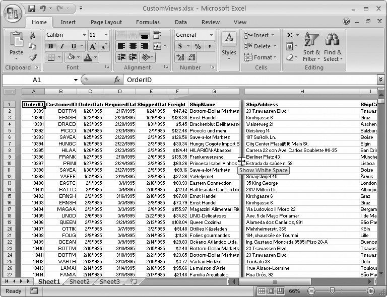 Move your mouse between the pages and your mouse pointer changes into this strange two-arrow beast. You can then click to hide the margins in between pages (as shown here),and click again to show them (as shown in ). Either way, you see an exact replica of your printout. The only difference is whether you see the empty margin space.