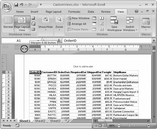 The Page Layout view lets you set margins by dragging the margin edge with your mouse. Here, the left margin (circled) is about to be narrowed down to 0.58 inches. If you’re also using a header or footer (below), make sure you don’t drag the page margin above the header or below the footer. If you do, then your header or footer will overlap your worksheet’s data.