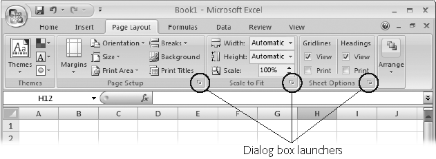 The Page Layout tab’s most important print-related sections are Page Setup (which lets you change orientation and margin settings), Scale to Fit (which lets you cram more information into your printed pages), and Sheet Options (which lets you control whether gridlines and column headers appear on the printout). To get even more settings, you can click the dialog box launcher (circled), which pops up a full-fledged Page Setup dialog box.