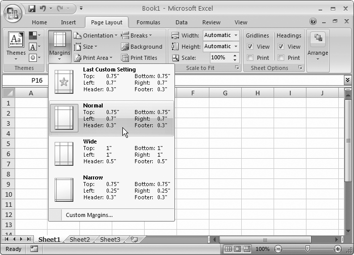 You can choose a helpful margin preset (Normal, Wide, or Narrow), or choose Custom Margins to fine-tune your margins precisely, as shown in .