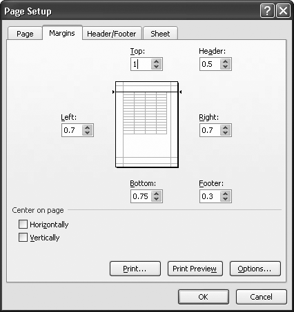 Excel allocates space at the top and bottom of your printout for a header or footer. In this example, the header margin is set to 0.5, which means that any header information will appear half an inch below the top of the page. The top margin’s set to 1, meaning the worksheet data will appear one inch below the top of the page. When adjusting either of these settings, be careful to make sure the top margin’s always larger than the header margin; otherwise, your worksheet’s data will print on top of your header.