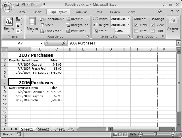 Using a page break, you can make sure the second table (“2006 Purchases”) always begins on a new page. The dotted line shows where one page ends and the new page starts. When you add a page break, you see a dotted line for it, and you see a dotted line that shows you where additional page breaks naturally fall, based on your margins, page orientation, and paper size settings.