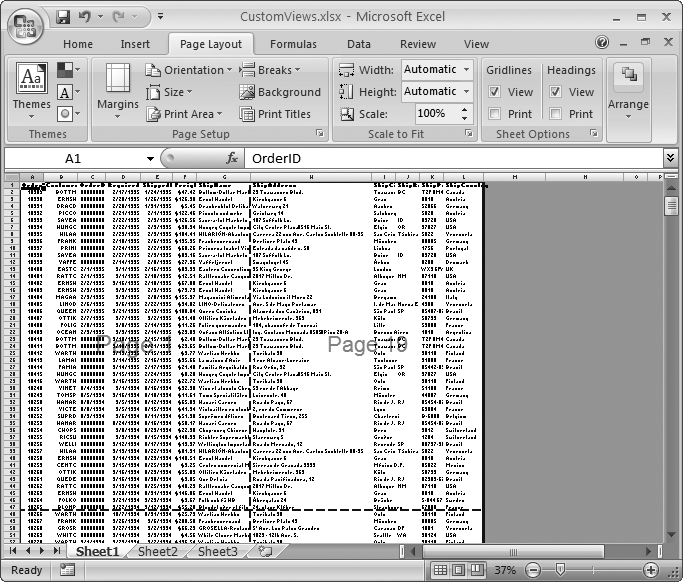 This example shows a large worksheet in Page Break Preview mode. The worksheet is too wide to fit on one page (at least in portrait orientation), and the thick dotted line indicates that the page breaks after column G and after row 47. (Excel never breaks a printout in the middle of a column or row.)