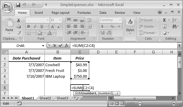 Using a cell range as the argument in the SUM( ) function is a quick way to add up a series of numbers in a column. Note that when you enter or edit a formula, Excel highlights all the cells that formula uses with different colored borders. In this example, you see the range of cells C2, C3, and C4 in a blue box.