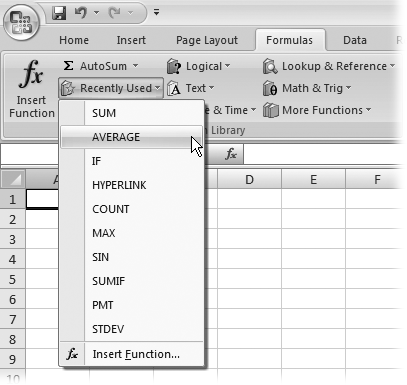 Each button in the Function Library section (other than Insert Function) pops up a mini menu of function choices. Choose one, and Excel inserts that function into the current formula. You can use this technique to find functions that you’ve used recently, or to browse the main function categories.