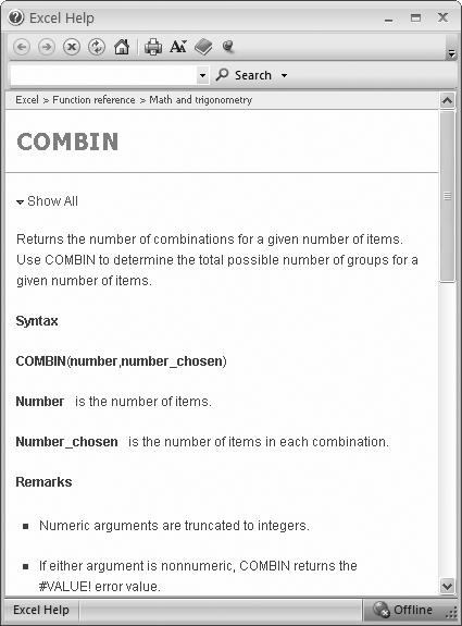 Both the Insert Function and Function Arguments dialog boxes make it easy to get detailed reference information about any function by clicking the “Help on this function” link at the bottom left of the window. The help page shown here shows the reference for the COMBIN( ) function.