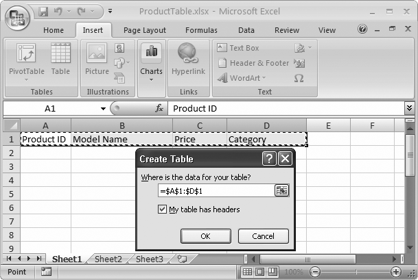 The Create Table dialog box displays the cell references for the currently selected range. In this example, the selection includes only the headings (there’s no data yet). You can change the range by typing in new information or by clicking the mini worksheet icon at the right end of the cell range box, which lets you select the range by dragging on the appropriate cells in the worksheet.