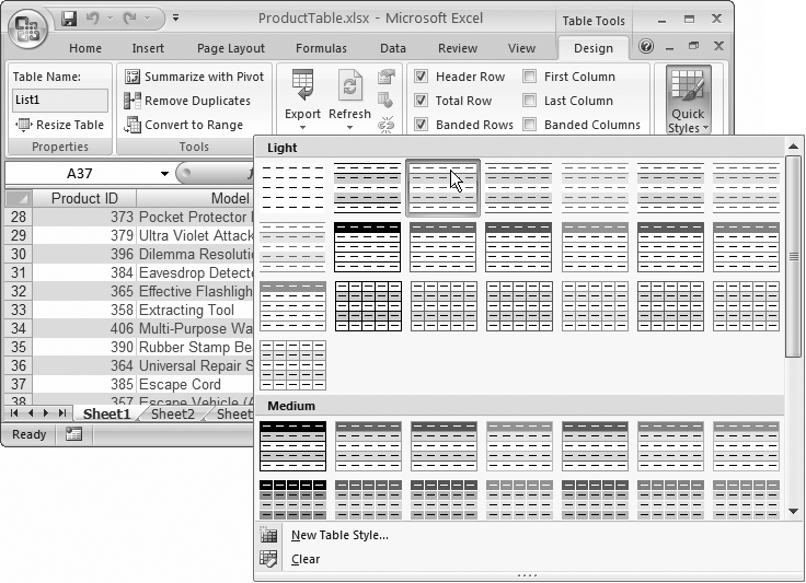 Depending on your Excel window’s width, in the ribbon, you may see the table style gallery. Or, if there’s not enough room available, you see a Quick Styles button that you need to click to display a drop-down style gallery (as shown here).