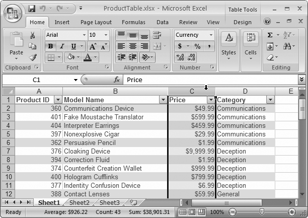 You can easily select an entire column in a table. Just position the mouse as shown here, and click once.