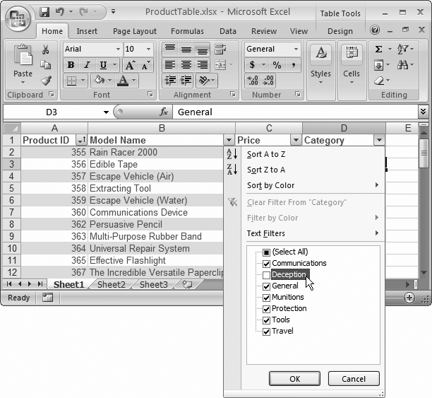 Initially, each value has a checkmark next to it. Clear the checkmark to hide rows with that value. (In this example, products in the Deception category won’t appear in the table.) Or, if you want to home in on just a few items, clear the Select All checkmark to remove all the checkmarks, and then choose just the ones you want to see in your table, as shown in .