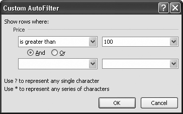 This dialog box lets you complete the Greater Than Or Equal To filter. It matches all products that are $100 or more. You can use the bottom portion of the window (left blank in this example) to supply a second filter condition that either further restricts (choose And) or supplements your matches (choose Or).