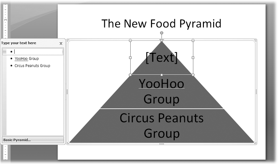 When PowerPoint adds a diagram to your slide, it surrounds it with a frame you can click to expand or reposition the diagram. Clicking the [Text] placeholder lets you type your own text for the various shapes that make up your diagram. Or, if you prefer, you can click in the box that PowerPoint displays to the left of the diagram and type your text in there.