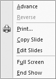Right-clicking a slideshow set up to run in browser mode displays a different menu than the one that appears when you right-click a slideshow set up to run in full-screen mode.