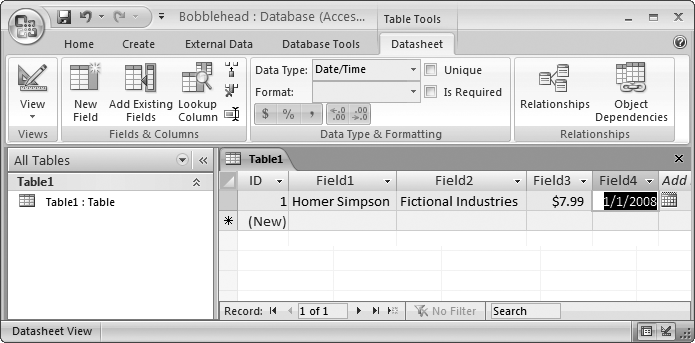 The only problem with the example so far is that as you enter a new record, Access creates spectacularly useless field names. You’ll see its choices at the top of each column (they’ll have names like Field1, Field2, Field3, and so on). The problem with using these meaningless names is that they might lead you to enter a piece of information in the wrong place. You could all too easily put the purchase price in the date column. To prevent these slip-ups, you need to set better field names.