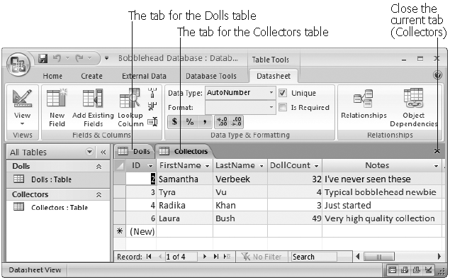 Using the navigation pane, you can open as many tables at once as you want. Access gives each datasheet a separate tabbed window. To move from one window to another, you just click the corresponding tab. If you’re feeling a bit crowded, just click the X at the far right of the tab strip to close the current datasheet.