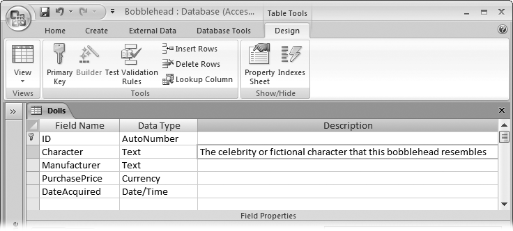 Descriptions can help you remember what’s what if you need to modify a table later on. Descriptions are a great idea if more than one person maintains the same database, in which case you need to make sure your fields are as clear as possible. Descriptions also appear in the status bar when you’re entering information in a table (see ).