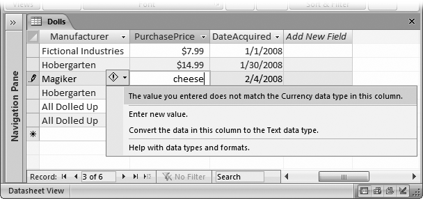 This currency field absolutely does not allow text. Access lets you fix the problem by entering a new value (the right choice) or changing the field data type to text so that it allows anything (the absolutely wrong choice).