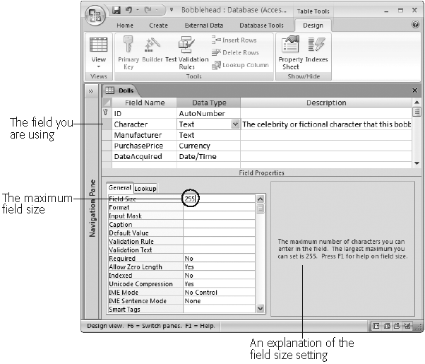 To set a maximum length, choose your field, and then click the Field Size box in the Field Properties list (shown here). (All the field properties you need in this chapter are on the General tab.) When you click a field property box, that field property’s description appears on the right.