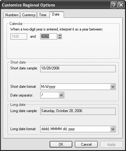 The Customize Regional Options dialog box lets you customize how dates appear on your computer. Use the drop-down lists to specify the date separator; order of month, day, and year components in a date; and how Access should interpret two-digit years. You can mix and match these settings freely, although you could wind up with a computer that’s completely counterintuitive to other people.