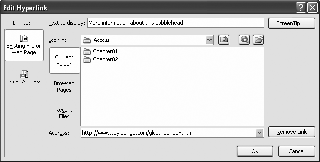 Using the Edit Hyperlink window, you can change the text that appears in the cell (at the top of the window) and the page that Access opens when you click it (at the bottom). You can also create links that use email addresses (in which case Access opens the email program that’s configured on your computer) or links to file paths (use the folder browsing area to pick the file you want).