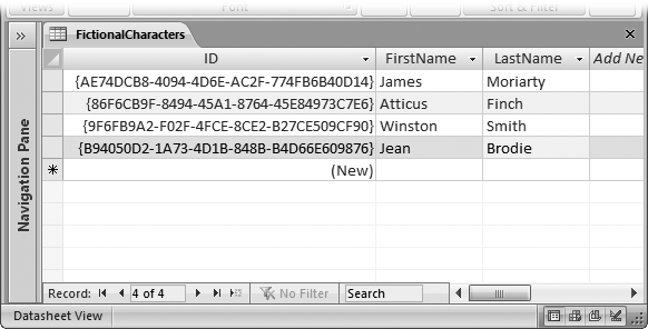 This figure shows four records in the FictionalCharacters table, each with a statistically unique AutoNumber value.