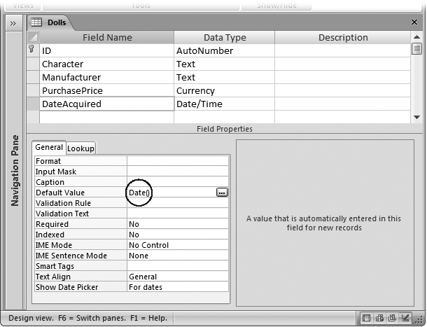 If you use the Date( ) function as the default value for the DateAcquired field in the bobblehead table, then every time you add a new bobblehead record, Access fills in the current date. You decide whether you want to keep that date or replace it with a different value.