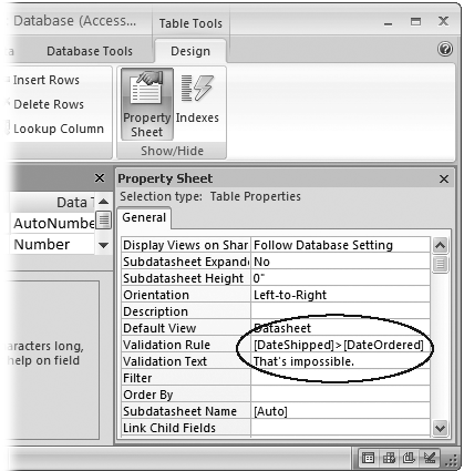 The Property Sheet shows some information about the entire table, including the sorting () and filtering settings () you’ve applied to the datasheet, and the table validation rule. Here, the validation rule prevents orders from being shipped before they’re ordered.