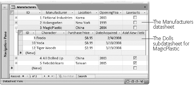 The subdatasheet’s really a filtered version of the ordinary Dolls datasheet. It shows only the records that are linked to the manufacturer you chose. The subdatasheet has all the same view settings (like font, colors, column order) as the datasheet for the related table.