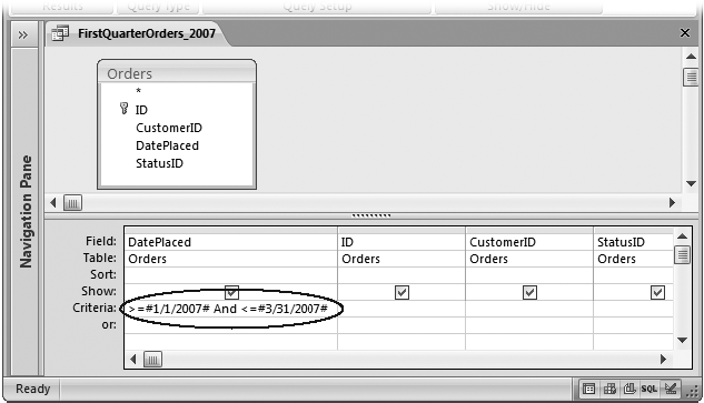 Here’s a filter that finds orders made in a date range (from January 1 to March 31, in the year 2007). Notice that when you use an actual hard-coded date as part of a condition (like January 1, 2007 in this example), you need to bracket the date with the # symbols. For a refresher about date syntax, refer to .