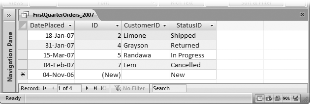 Here are the results of a query that shows orders placed within a specific date range. You can use the datasheet window to review or print your results, or you can edit information just as you would in a table datasheet.