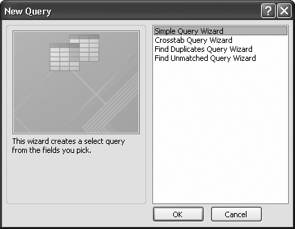 In the first step of the Query wizard, you choose from a small set of basic query types.