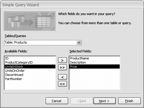 To add a field, select it in the Available Fields list, and then click the > arrow button (or just double-click it). You can add all fields at once by clicking the >> arrow button, and you can remove fields by selecting them in the Selected Fields list and then clicking <. In this example, three fields are included in the query.