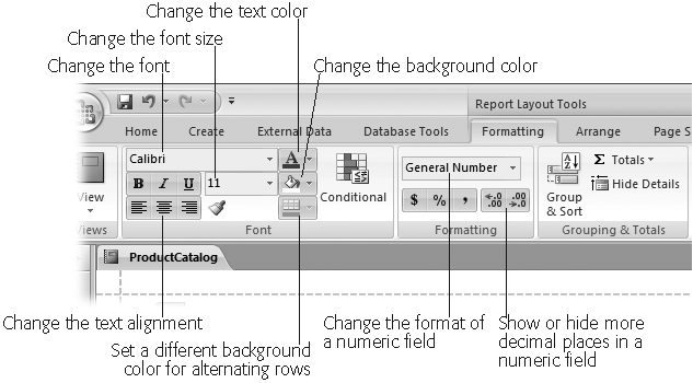 The Report Layout Tools | Formatting → Font section is packed with basic formatting tools.