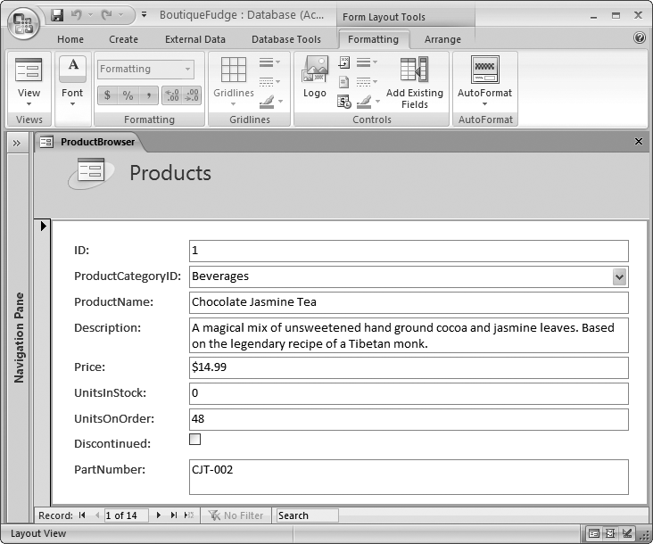 This simple form for the Products table already shows a fair bit of intelligence. Access uses text boxes for all the text fields, a drop-down list box for fields that have a lookup (in this case, ProductCategoryID), and a checkbox for any Yes/ No field (like Discontinued). It also makes some boxes (like Description) larger than others, because it notices that the underlying field has a larger maximum allowable length ().