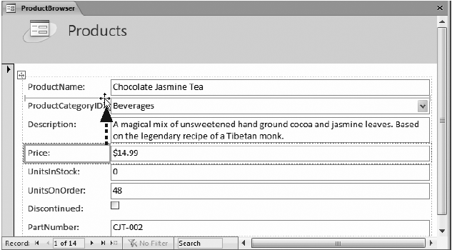 To move a field, drag it to a new position. Access reshuffles all the other fields accordingly. In this example, the Price field’s being relocated to the top of the form, just under the ProductName field. Access bumps all the other fields down the page to make room.